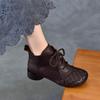 Johnature Genuine Leather Hand Woven Thick Heel Ankle Boots Retro Soft Sole Versatile Women's Shoes