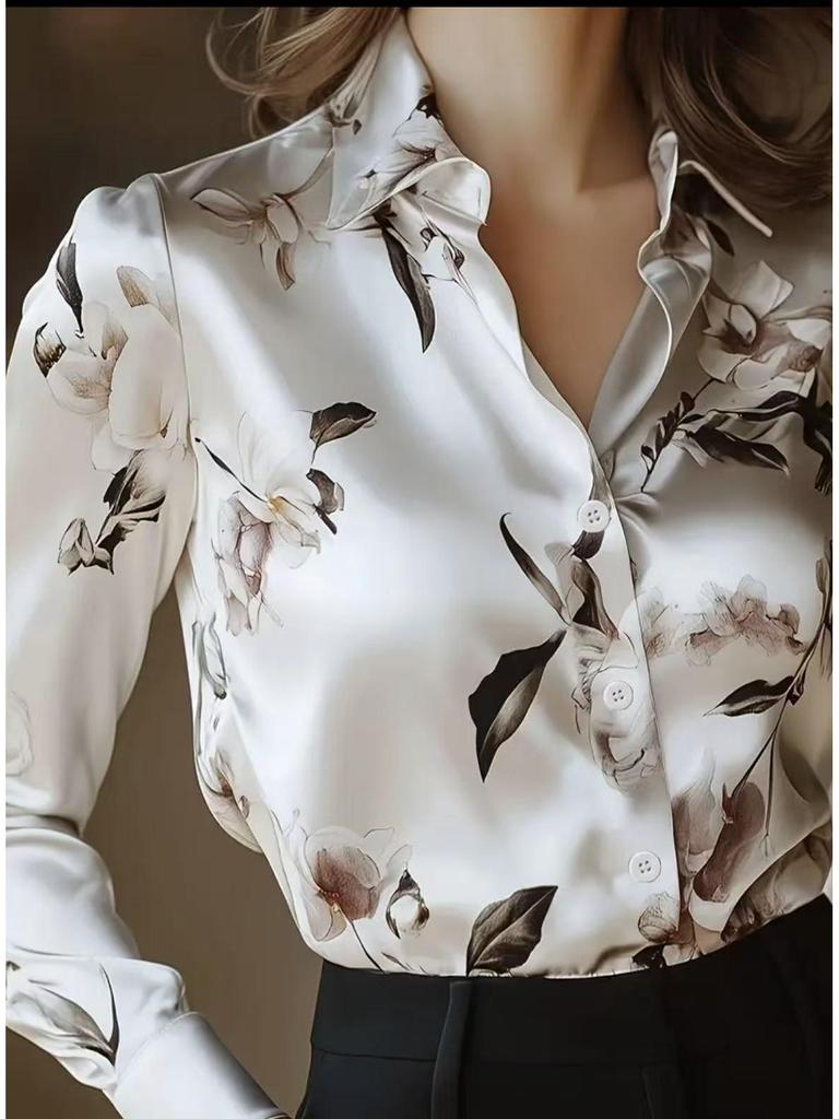 Elegant Retro French Oil Painting Long Sleeve Women's Shirt, 2025 European and American Design
