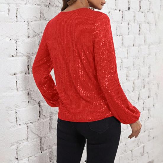 Women Tops V-Neck Lantern Long Sleeve Pullover Tops Loose Fit Solid Color Shiny Sequins Party Blouse Streetwear