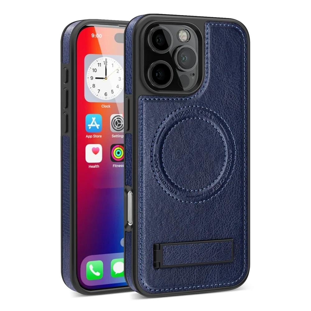 Fashion Leather for Magsafe Phone Case for iPhone 16 Pro Max 15 14 13 12 11 With Stand Bracket Strong Magnetic Shockproof Cover