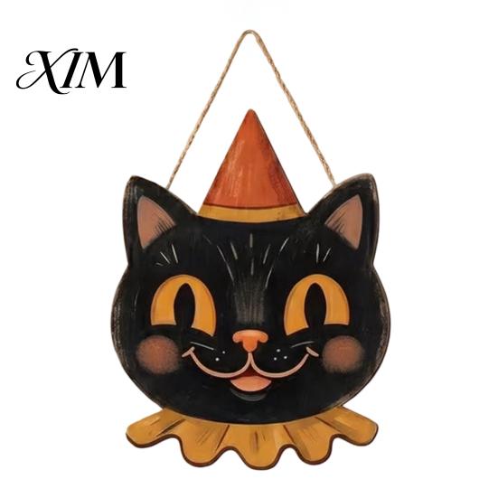 Retro Holiday Yard Accents Halloween Wooden Hanging Pendant with Lanyard, Ghost/Pumpkin/Skull/Black Cat Black Wall Art Decorations for Front