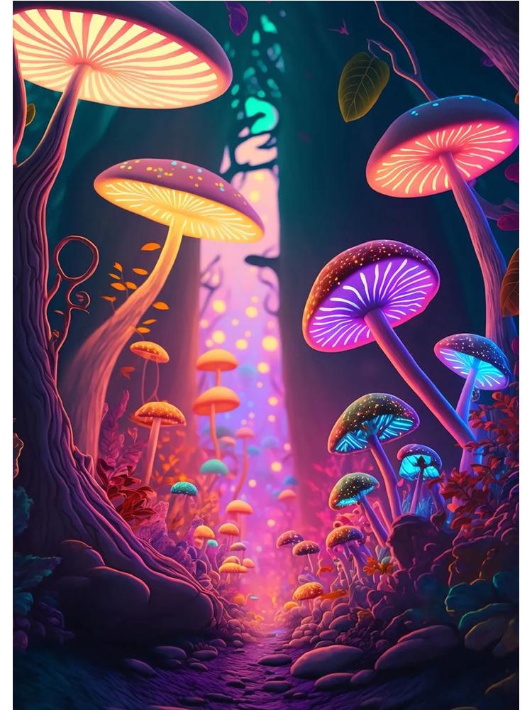 Abstract Psychedelic Mushrooms Enchanted Forest Poster Canvas Painting Colored Wall Art For Living Room Home Decor Cuadros