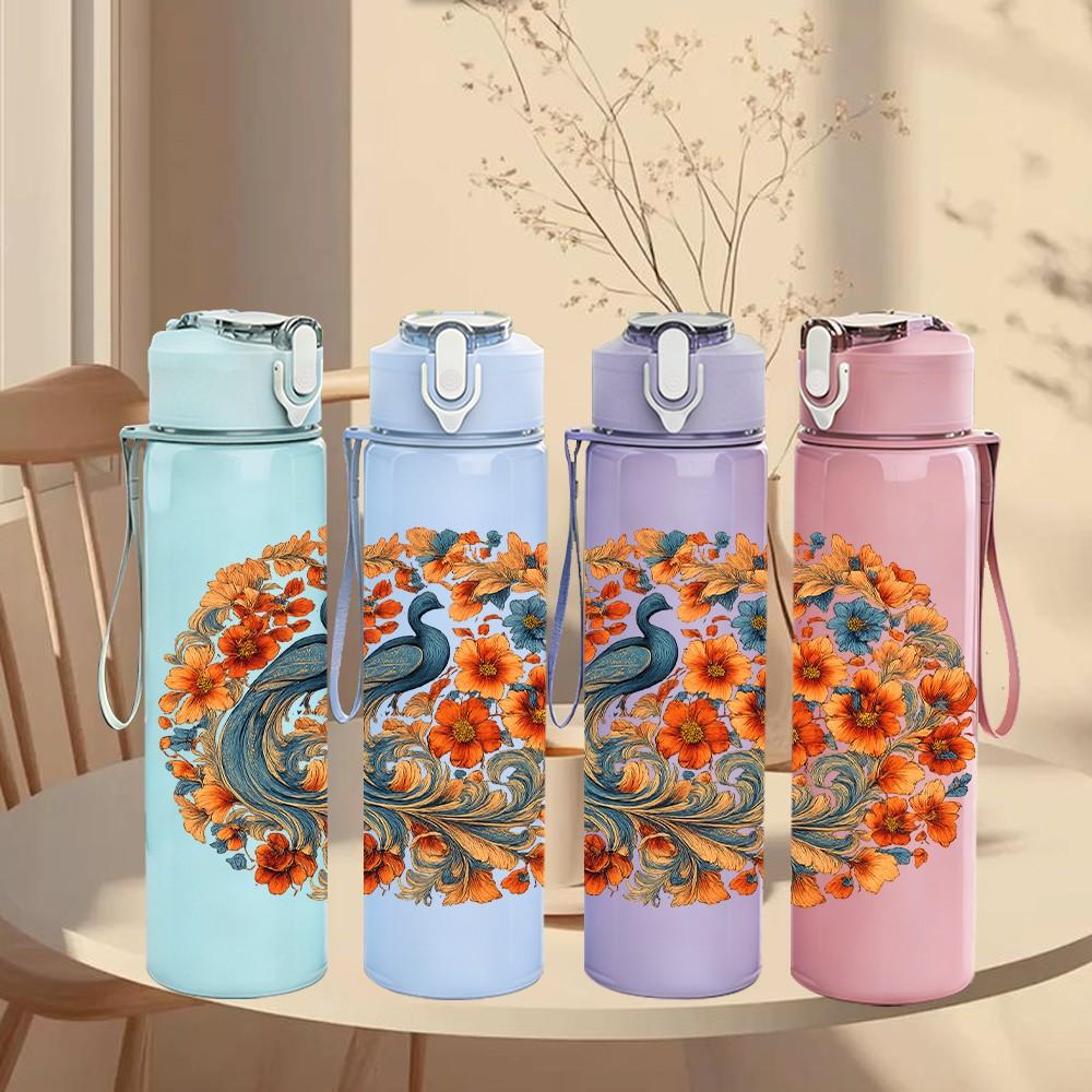 1PC Floral Peacock Circle Print 750ml Color Plastic Sports Water Bottle Leakproof Flip Straw Lid Suitable for Sports Office Home Use