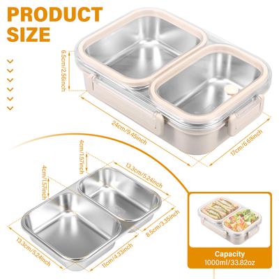 Boîtes à lunch portables 1000 ml / 33,82 oz Boîte Bento en acier inoxydable 304 avec couvercle Séparateur 2/3 Contenant de stockage alimentaire pour adultes et enfants