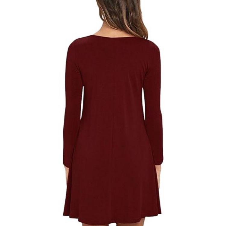 Pure Color Fall Spring Long Sleeve Mini Dress Round Neck A-line Loose Big Hem Pockets
