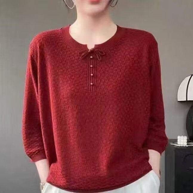 Spring Summer Women s Thin Knit Sweater Three-Quarter Sleeve Loose Round Neck Knit Pullover Top M