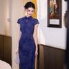 1011 spring and summer new cheongsam literary and retro Republic of China style slim cheongsam flocked water drop collar blue cheongsam spot