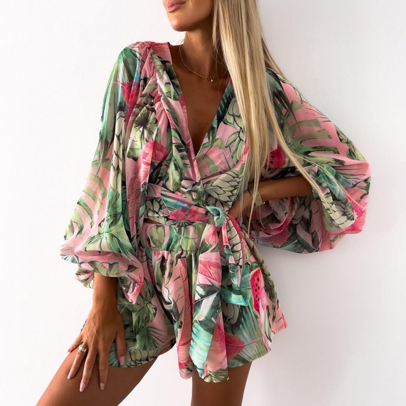 

Женские модные свободные шорты с цветочным принтом и длинными рукавами, комбинезон с v-образным вырезом M