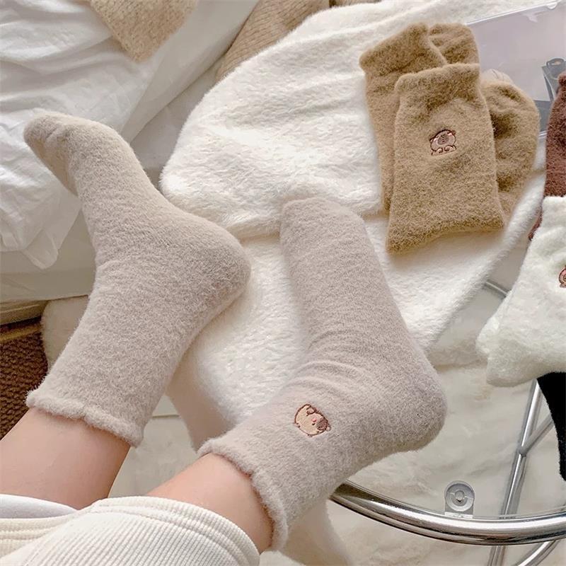 1/5 Pairs Cozy Hairy Mink Cute Capybara Mid-Calf Socks Women Autumn Winter Thicken Warmer Socks Sleep Floor Home Fluffy Sockings