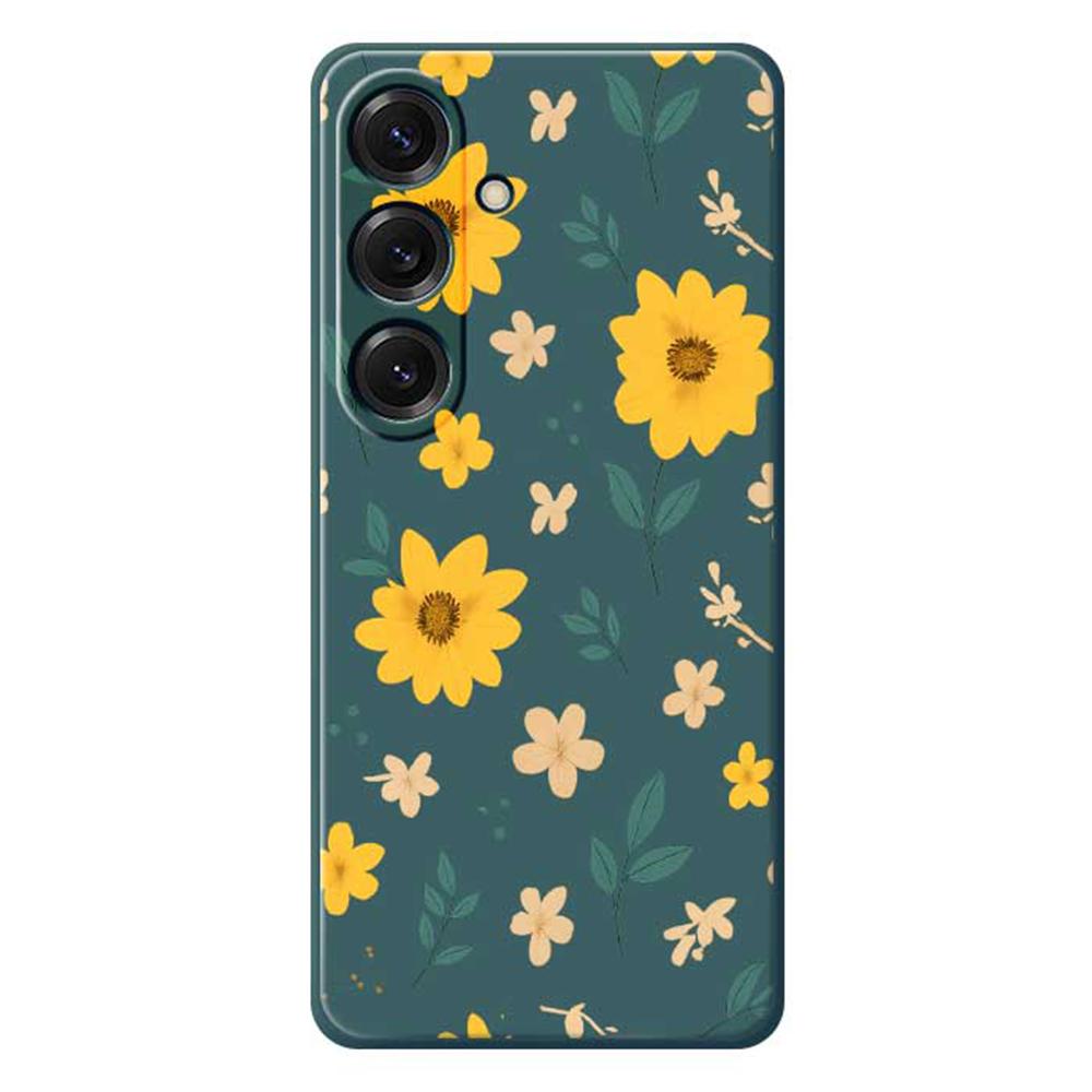 

Для Samsung Galaxy S25 Чехол Желтый Цветочный и Листья Принт Прямой Край ТПУ Задняя Крышка Телефона Green