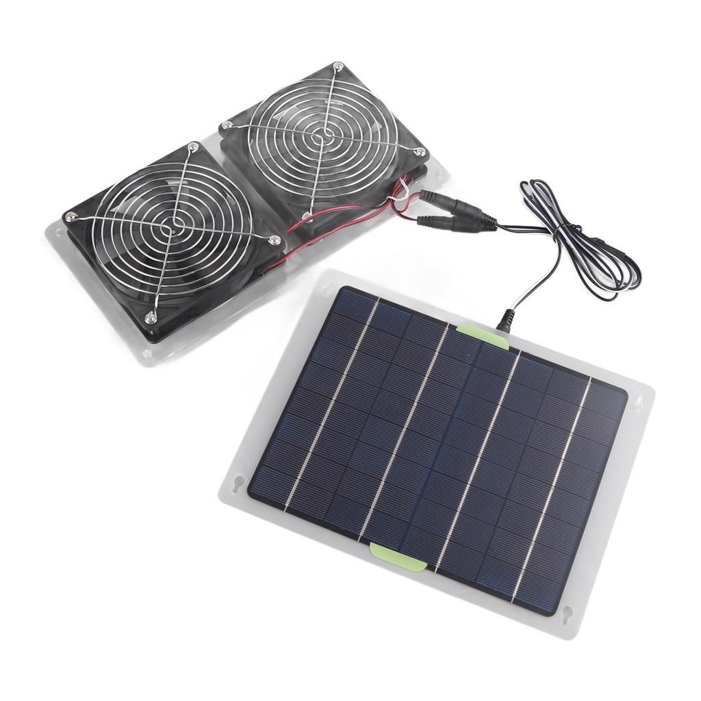 Solar Panel Powered Fan 2 Fans 100W 20V Green Energy Portable Convenient Mini Ventilator for Dog Pet House Greenhouse RV