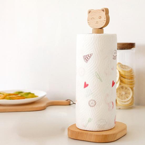 Paper Towel Holder Removable Shaft Kitchen Roll Organizer Durable Wood Non-Slip Base Multi-Use Shelf for Bathroom Kitchen