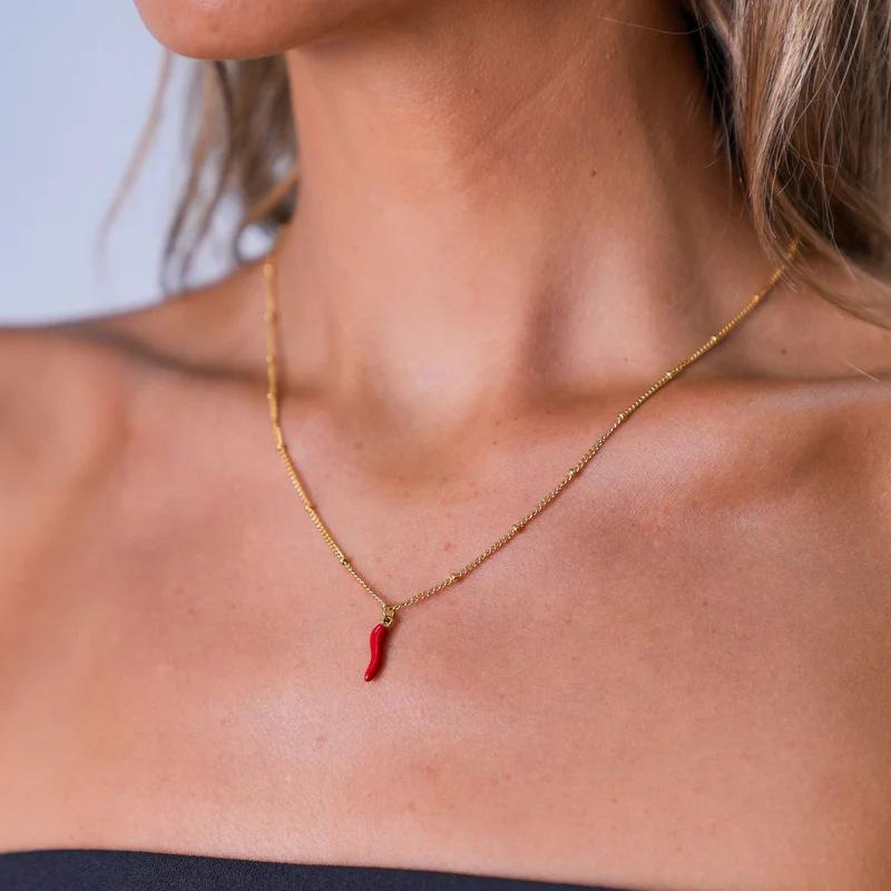 Colorful Enamel Chili Pendant Necklace with Stainless Steel Chain