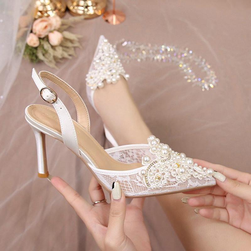 French Wedding Shoes Bride Shoes Main Wedding Pearl Single Shoes Niche After Empty High Heels Female Stiletto Hollow Head Sandal