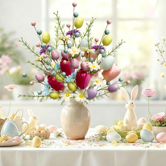 Easter Egg Stem Spring Floral Berry Picks Artificial Twig Branches with Pastel Eggs Berries Wildflowers