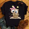 Maycaur Cartoon Owl Print Tričko Dámské Kawaii Grafické Košile Neformální Krátký rukáv Černé Dámské Tričko Harajuku s výstřihem
