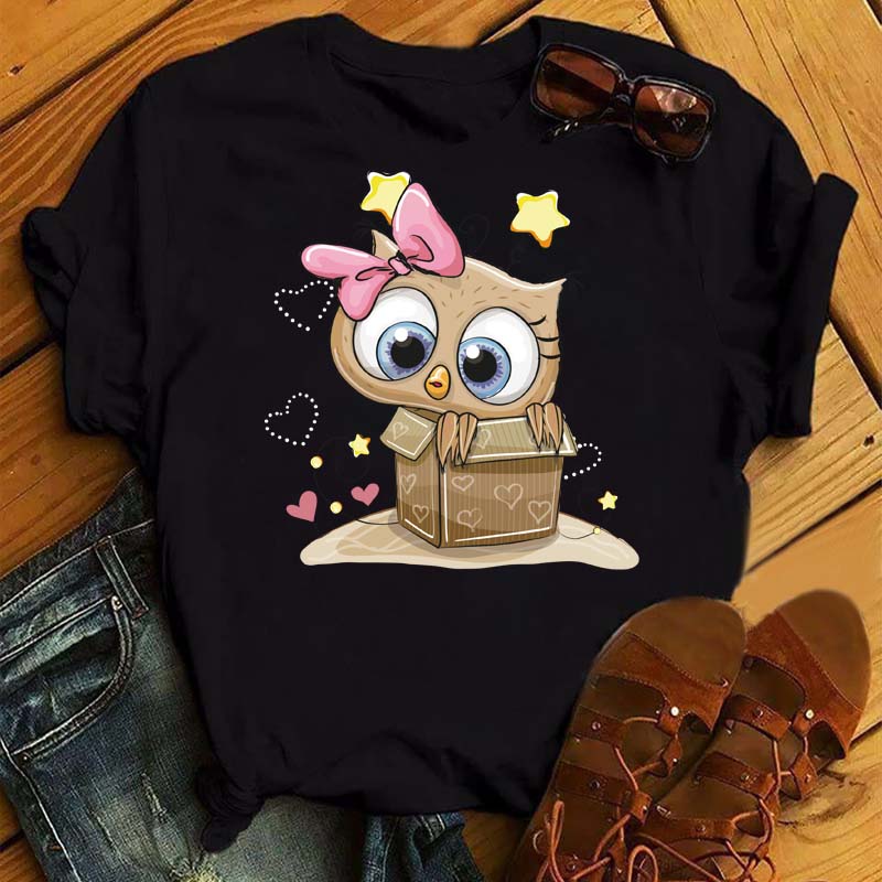 Maycaur Cartoon Owl Print Tričko Dámské Kawaii Grafické Košile Neformální Krátký rukáv Černé Dámské Tričko Harajuku s výstřihem