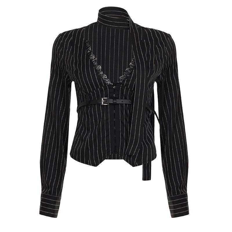 Women V Neck Lace Patchwork Striped Shirt - Slim Fit Belted Long Sleeve Sexy Fashion Top S чёрный
