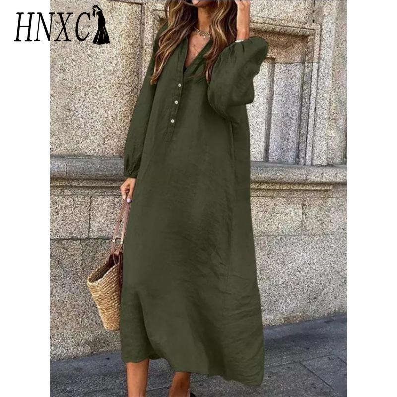 HNXC Women's Fashion Spring Autumn Solid Color Print Long Sleeve High Waist Casual Dresses
