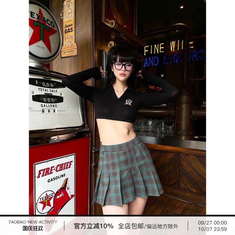 

0122stepll Retro American Midriff-Baring Top Plaid Pleated Skirt Suit Fashion Fried Street Sexy Two-piece Set# Black Tops L