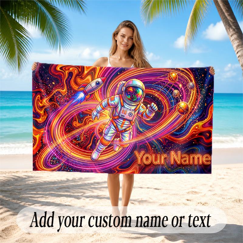 Astronaut Space Theme Quick Dry Beach Towel Custom Name Text Print Large Sand Resistant Towel Beach Vacation