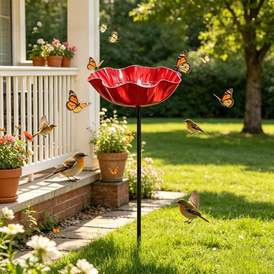 2Pcs Metal Flower Garden Stakes, Decorative Bird Bath, Outdoor Bee Watering Station, Flower Design Water Feeder Bath Bowl for Bees Butterflies