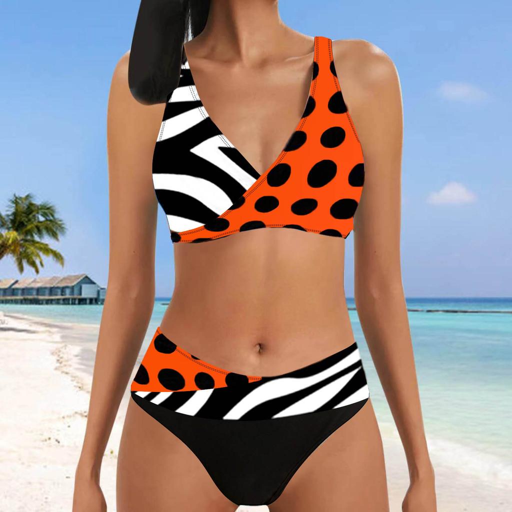 Dámské plavky s kontrolou bříška, sexy plavky s vysokým pasem, potištěné, s výstřihem do V, barevný blok, plážové bikiny, dvoudílné plavky pro dospívající dívky