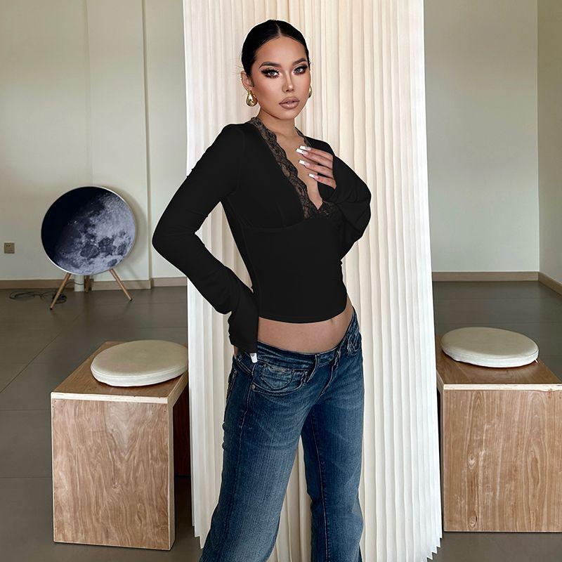 

Shemoda Fashion Style Sexy Deep V-neck Lace Patchwork Micro-Pull Long Sleeves T-shirt Female Pure Color Silm Sexy Tops Black L