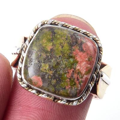 Natürlicher Unakit Edelstein Handgefertigt 925 Sterling Silber Zweifarbig Ring Größe 7 j7J61