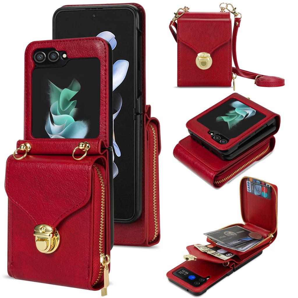Crossbody Geldbörse Lanyard Ledertasche für Samsung Galaxy Z Flip 5 4 3 5G Flip4 Flip5 Reißverschlusstasche Brieftasche Karten Solt Pocket Cover