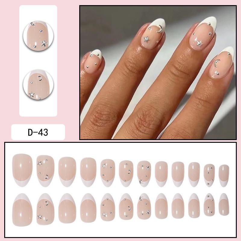 Short Press-On Nails French Tip Star Moon Design Acrylic Nail Tips Women Sweet Style Wearable Art