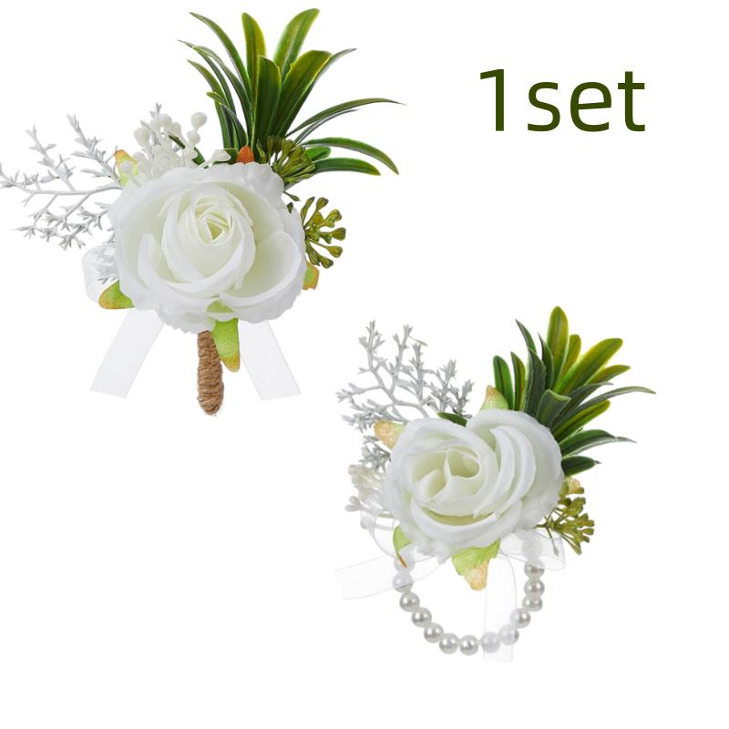 White Artificial Rose Boutonniere Wrist Corsage Wedding Floral Accessories for Bride Groom Reusable Party Prom Bridal Accessory