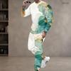 Men Plus Size Round Neck Long Sleeve Printed Blue Gold Two Piece Pants Set