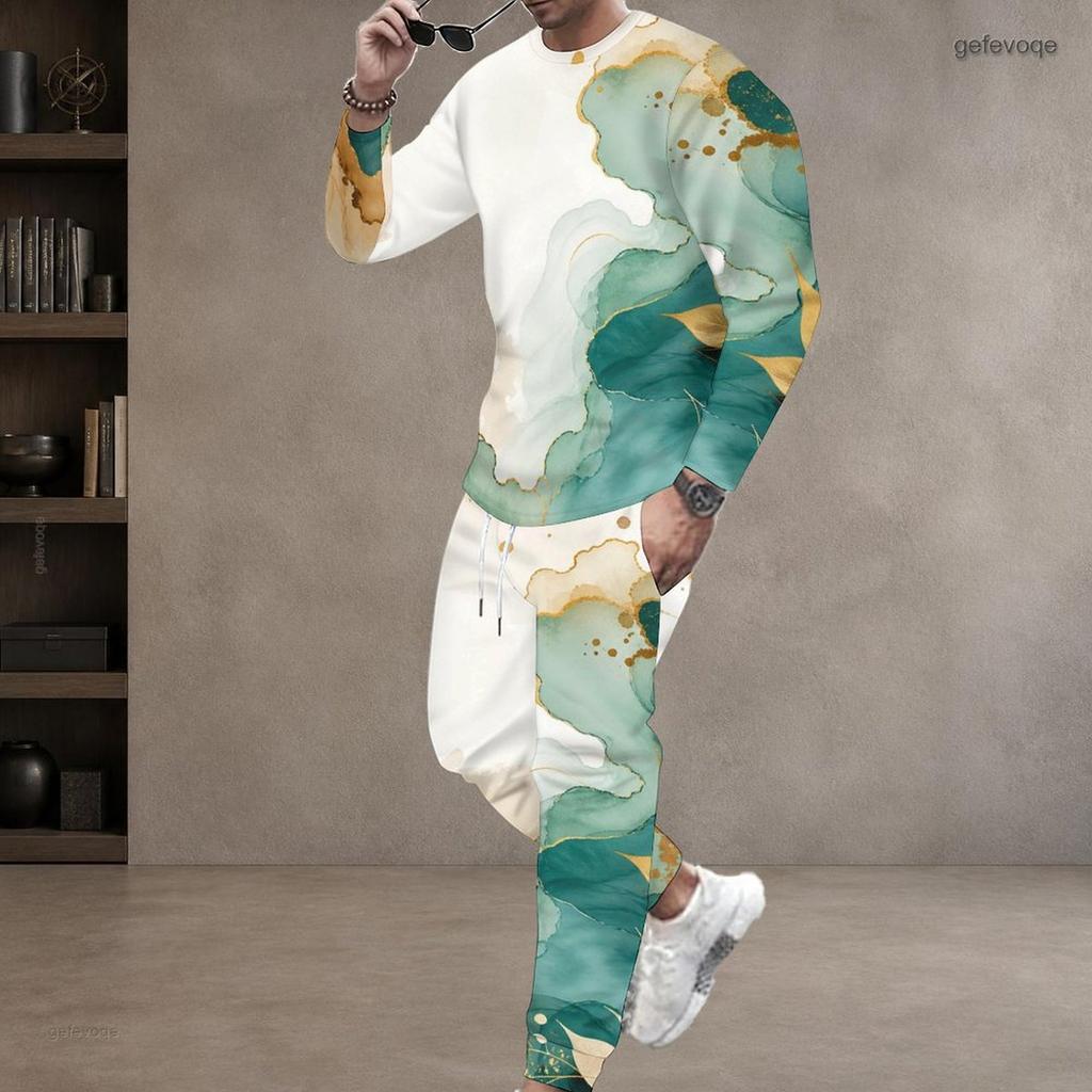 Men Plus Size Round Neck Long Sleeve Printed Blue Gold Two Piece Pants Set