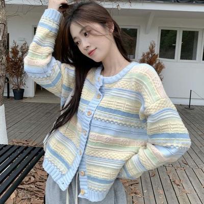 Women's Loose Striped Korean-Style Outerwear Versatile Lightweight Knit Sweater Cardigan Jacket