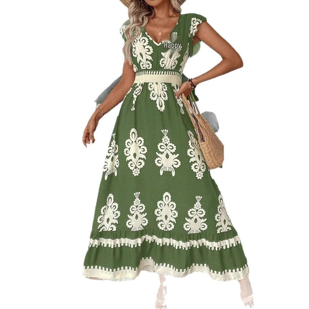 2025 European and American V-neck Waist-Cinching Summer Print Long Dress for Women