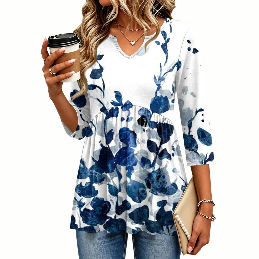 Women's Casual Plaid Print V-Neck Three-Quarter Sleeve Blouse for Everyday Wear