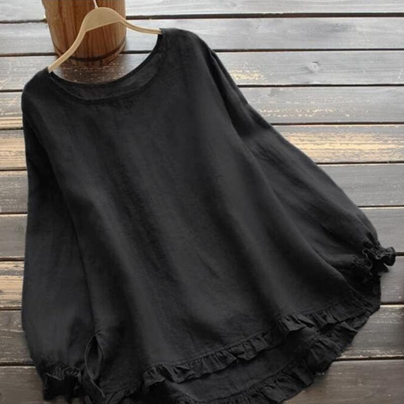 Blusa Donna Girocollo Manica Lunga Orlo Arricciato Irregolare Taglia Grande Camicia Larga Top Dolci Monocolore Moda Elegante Casual Abbigliamento Semplice