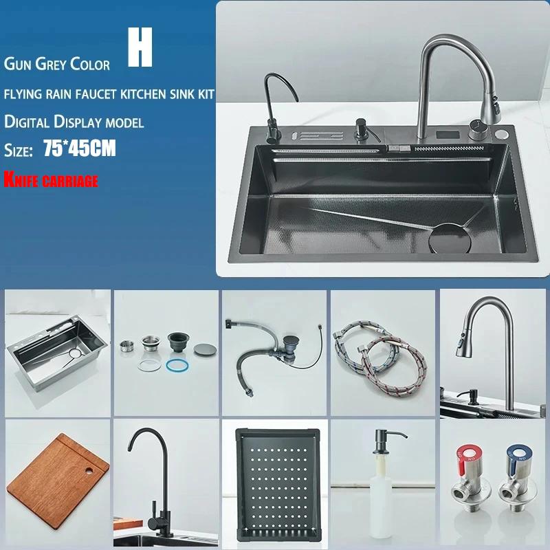 304 High 1uality Intelligent Digital Display  Waterfall Kitchen Sink Large Single Slot Integrated Digital Display Faucet Set