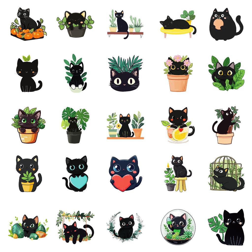 50 Hand-painted Cao Zhi Black Cat Doodle Decorative Stickers Children's Reward Cartoon Stickers
