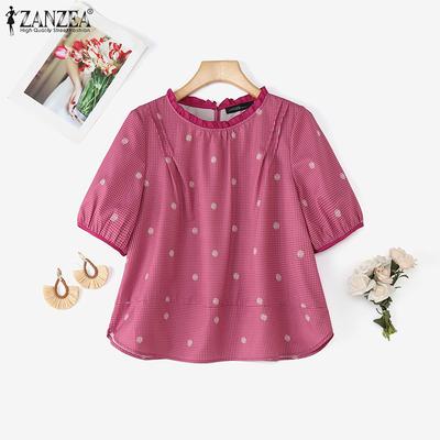 Women Summer Grid Print Casual Round Neck Short Sleeve Blouse