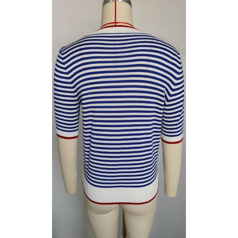 Zomer Dames Gestreept Gebreid Kortmouwig T-shirt IJszijde Kleurcontrast College Stijl Top