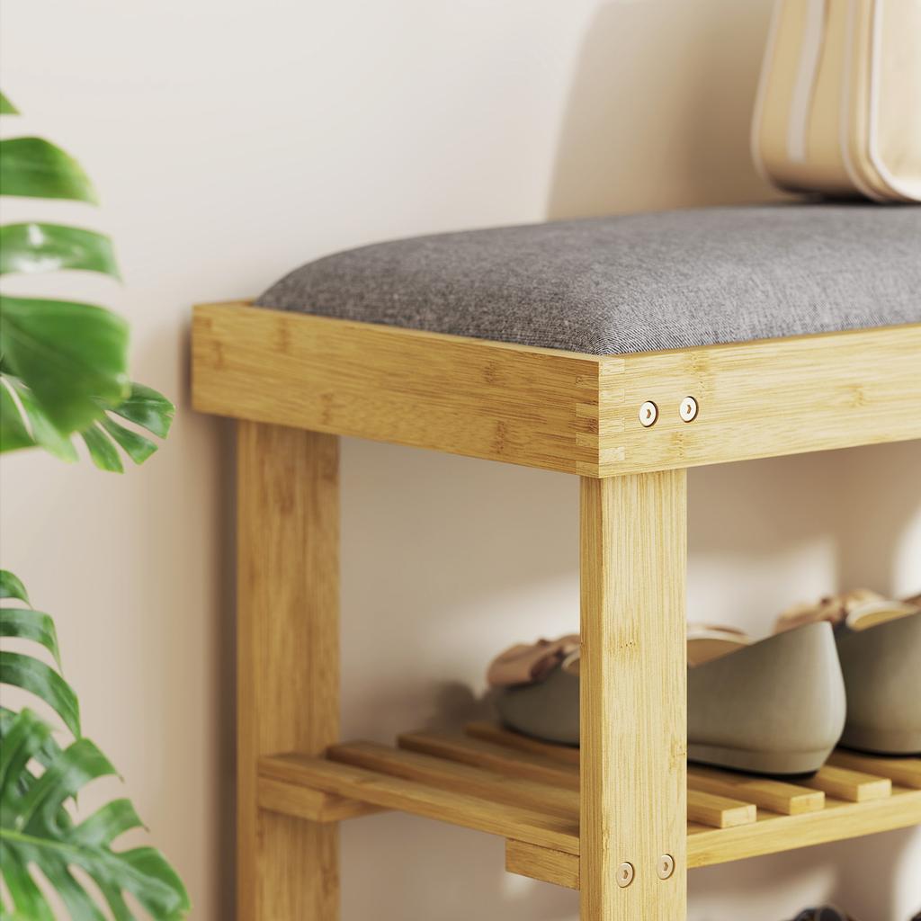 Shoe Bench with Seat, Bamboo Bench with Storage, 2 Open Compartments, Bench 60 X 29 X 49 Cm Grey