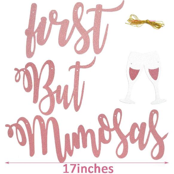 Mimosa Bar Sign But First Mimosas Rose Gold Banner, Decorations for Bridal Shower Baby Shower Bachelorette Party Engagement Wedding Graduation Fiesta