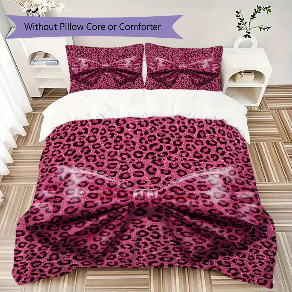 Leopard Print Bow Pattern Bedding uilt Set uilt Cover Pillowcase Home Decoration Birthday Gift (1 * duvet cover + 2 * pillowcase without core)16