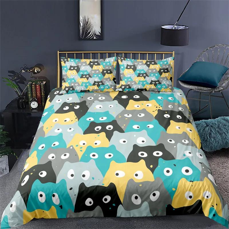 Kawaii Animal Duvet Cover Cute Cat Bedding Set For Girls Boys Kids, Pet Theme Cartoon Kitten Comforter Cover Lovely Cat Bed Set