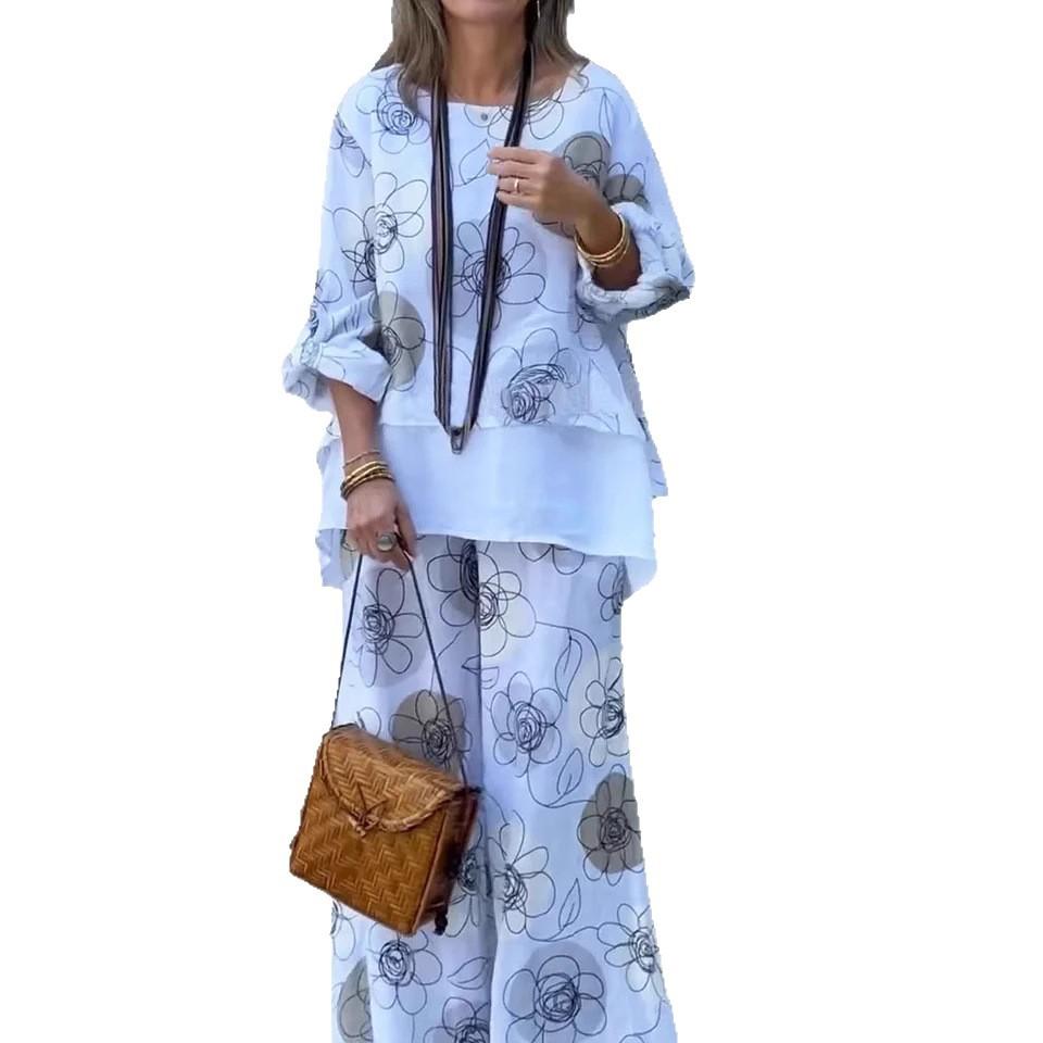 Autumn New Collection of Women's Round-neck Printed Fashionable Casual Two-piece Loose Trousers