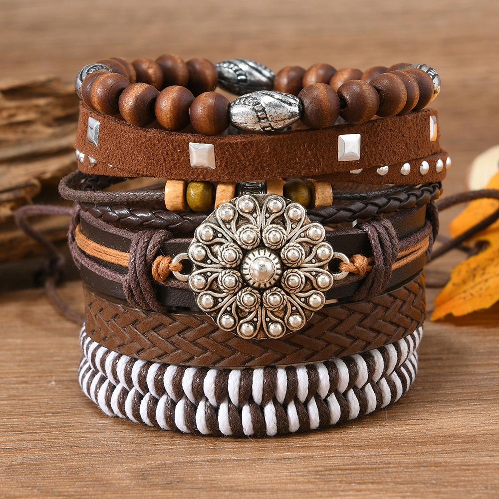 Leather Bracelets for Men Women Handmade Wrap Woven Cuff Bracelets Wooden Beaded Bracelets Vintage Ethnic Tribal Wristbands Bracelet Set Adjustable