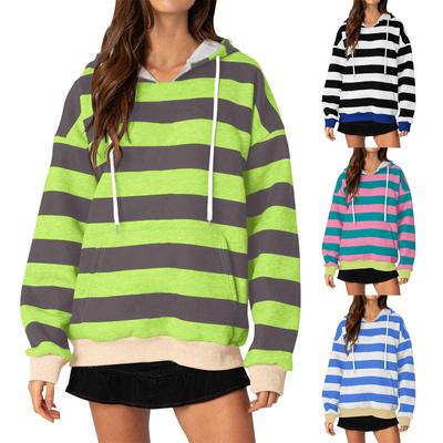 Damen Casual Gestreift Bedruckt Langarm Lose Kordelzug Kapuzen Sweatshirt Top