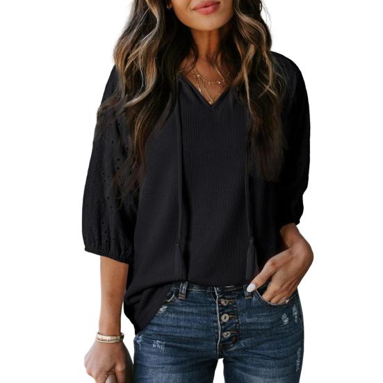 Women T-shirt V-Neck Jacquard Decor 3/4 Sleeves Pullover Tops Solid Color Loose Fit Tops Party Daily Wear